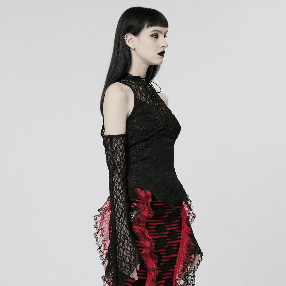 Gothic women's black lace drawstring top with flared cuffs, showcasing a sexy silhouette and punk flair.