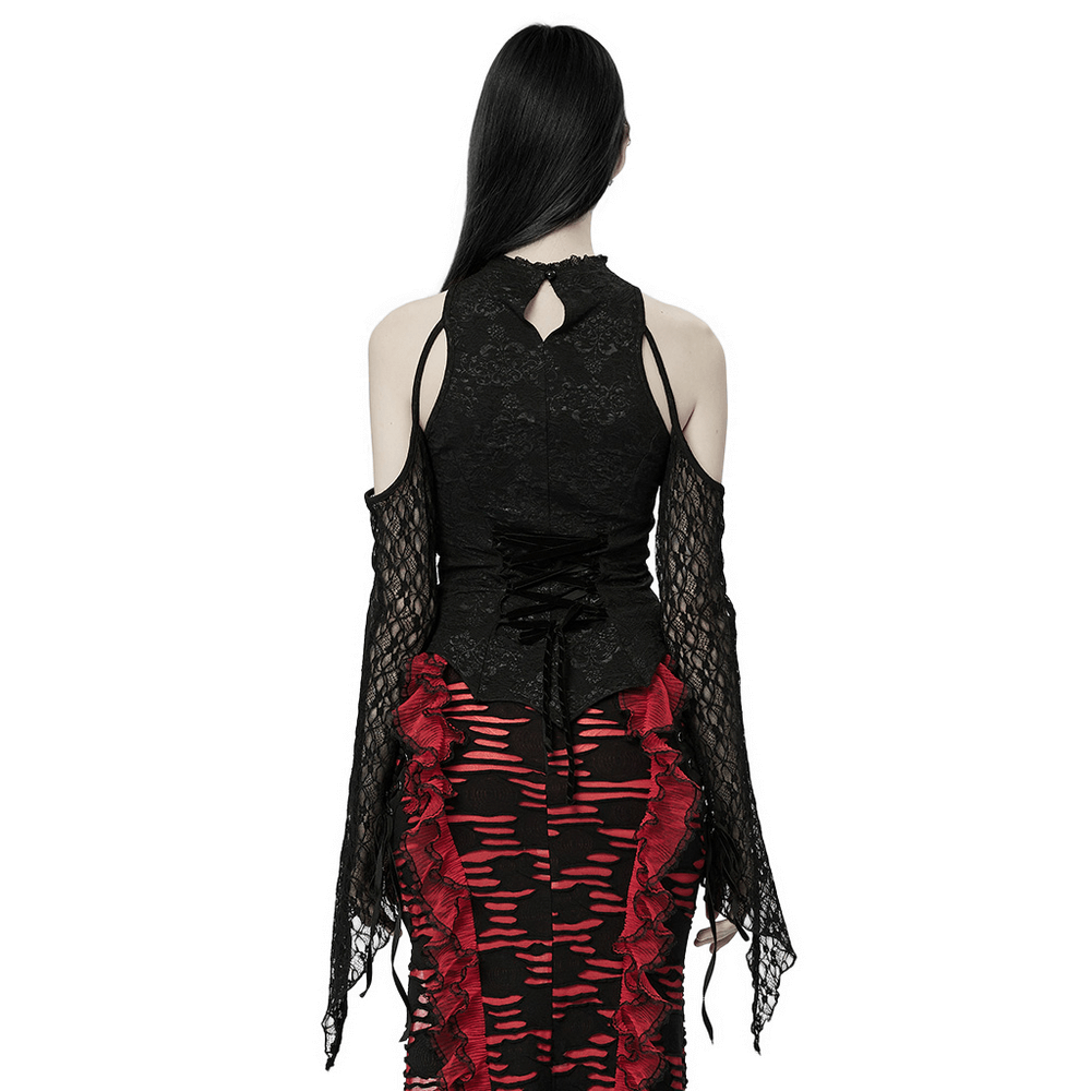 Gothic Women's Lace Drawstring Top with Flared Cuffs