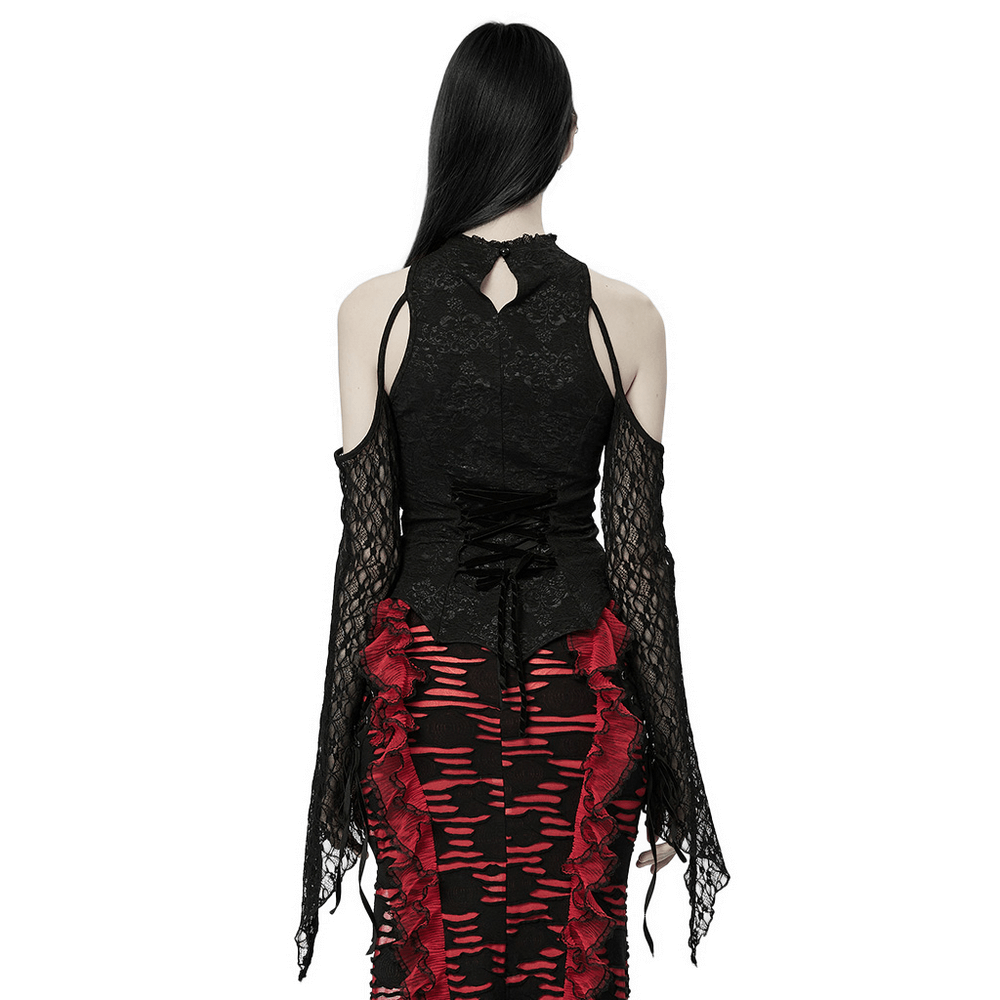 Back view of a Gothic Women's lace top with flared cuffs, showcasing black jacquard lace and red ruffle accents.