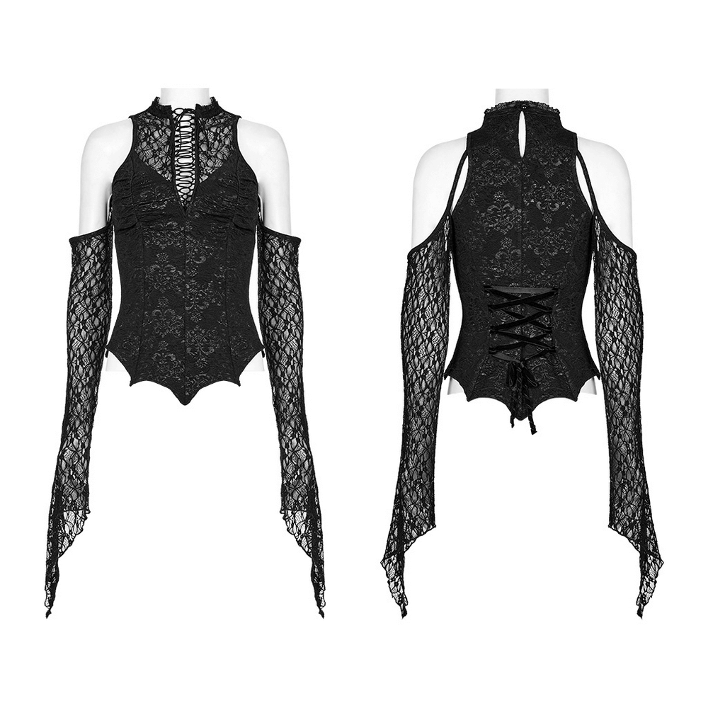 Gothic Women's lace drawstring top with flared cuffs in black, featuring hollow-out design and elegant sleeves.