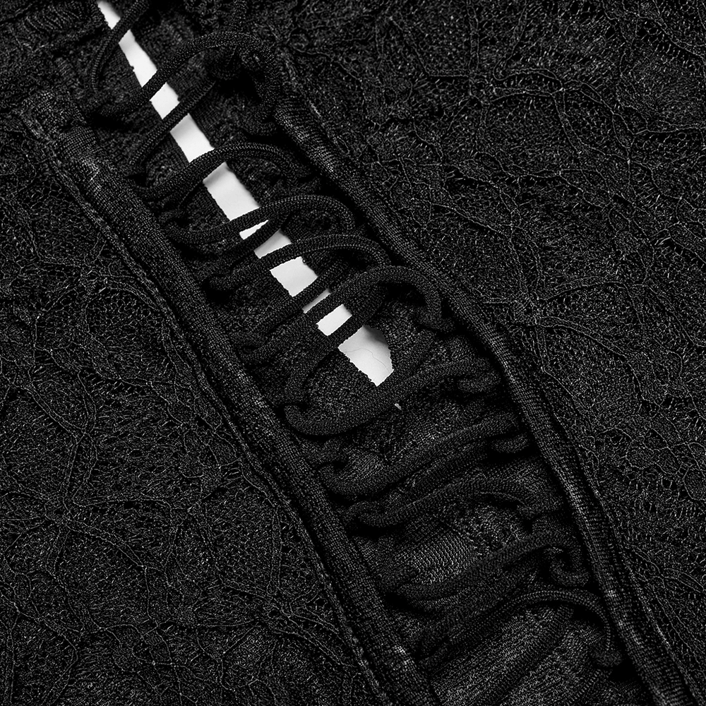 Close-up of Gothic lace drawstring design featuring black jacquard fabric and intricate hollow-out details.