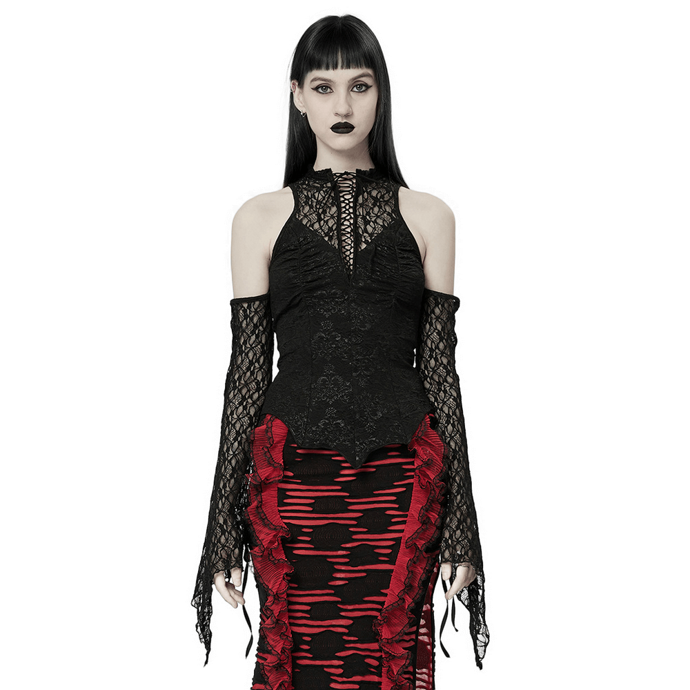Gothic women's lace top with flared cuffs, black jacquard design, perfect for embracing your dark allure.