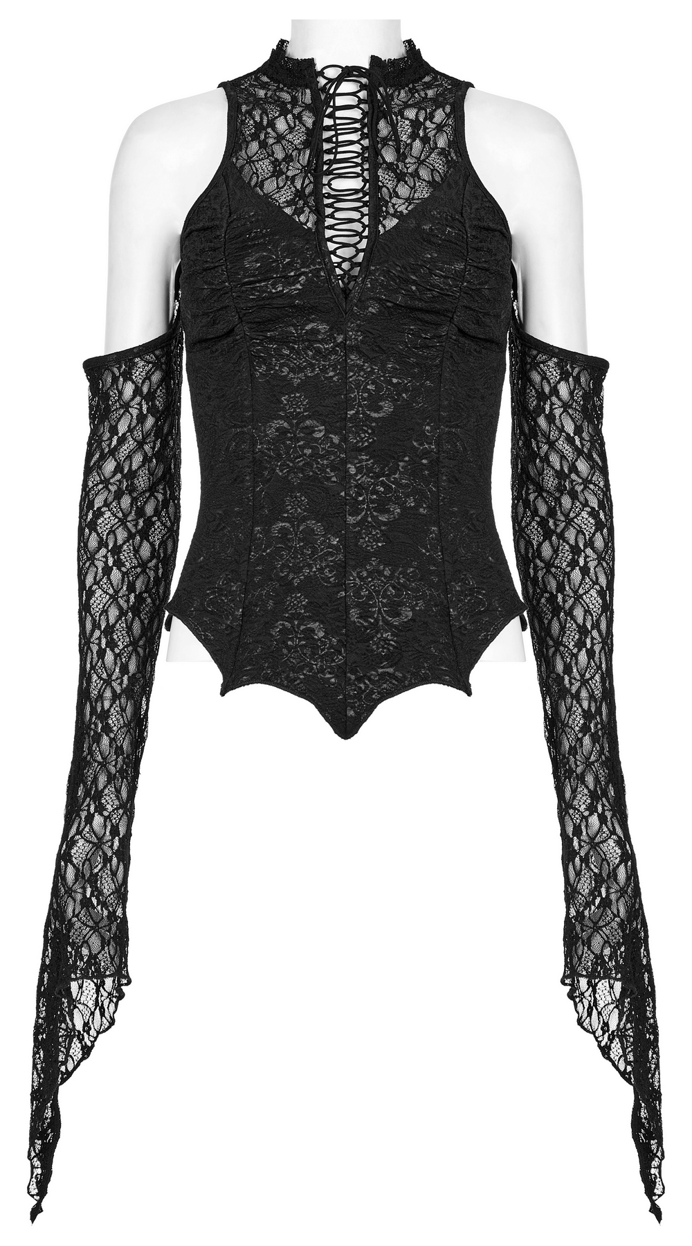 Gothic women's black lace top with drawstring and flared cuffs, perfect for a punk rave style.