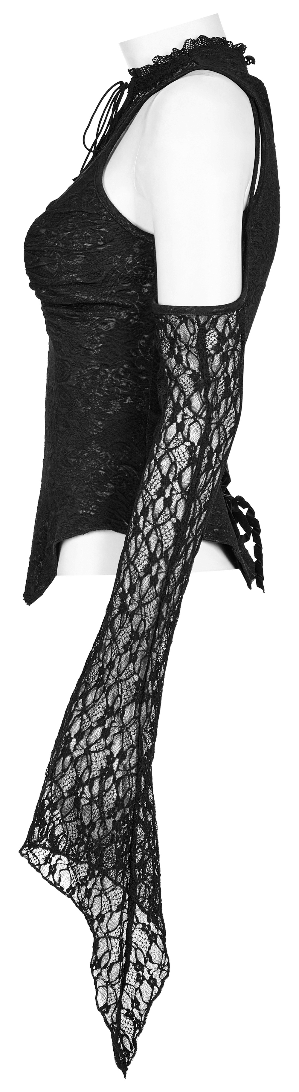 Gothic Women's black jacquard lace drawstring top with flared cuffs, showcasing seductive hollow-out design.