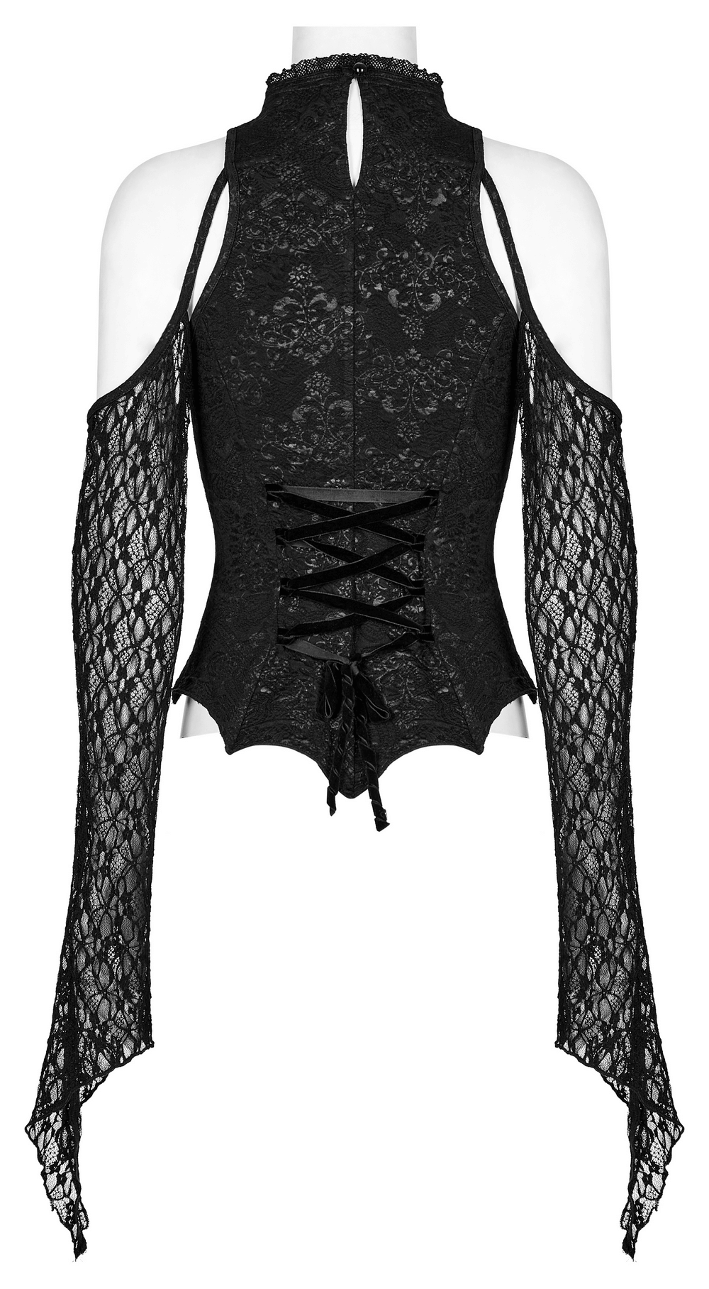 Back view of Gothic women's lace drawstring top with flared cuffs and alluring black jacquard detail.