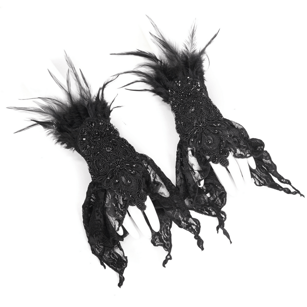 Gothic black lace fingerless gloves adorned with feathers, perfect for Halloween or cosplay.