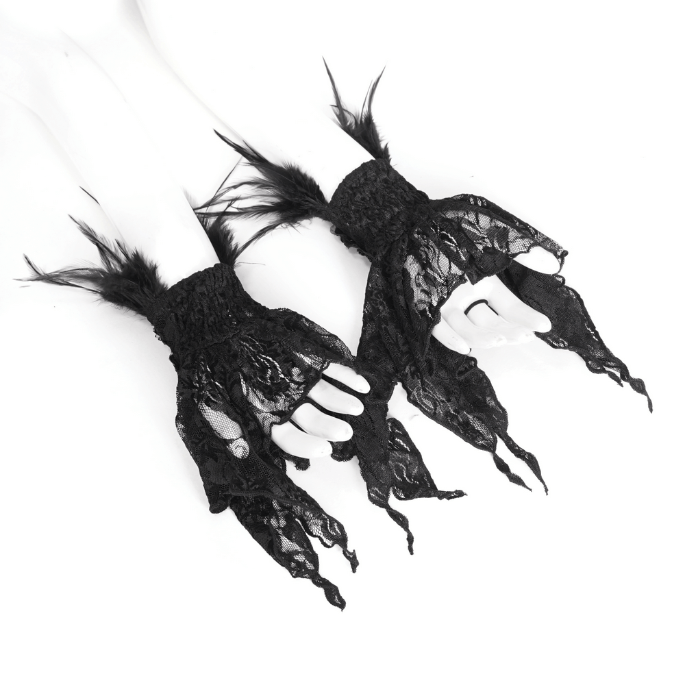 Gothic Women's Lace Fingerless Gloves with Feathers