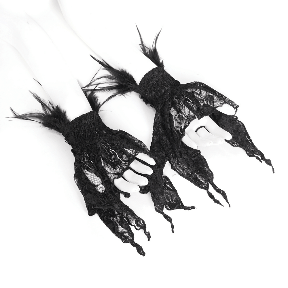 Gothic black lace fingerless gloves with dramatic feathers for a stylish, edgy look.