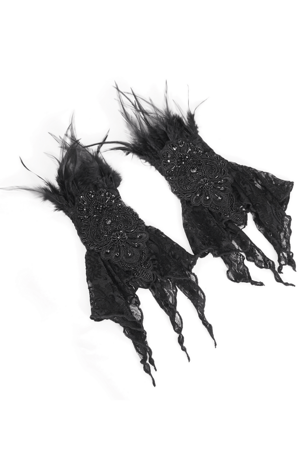 Gothic black lace fingerless gloves with feathers for a dramatic touch and Halloween style.