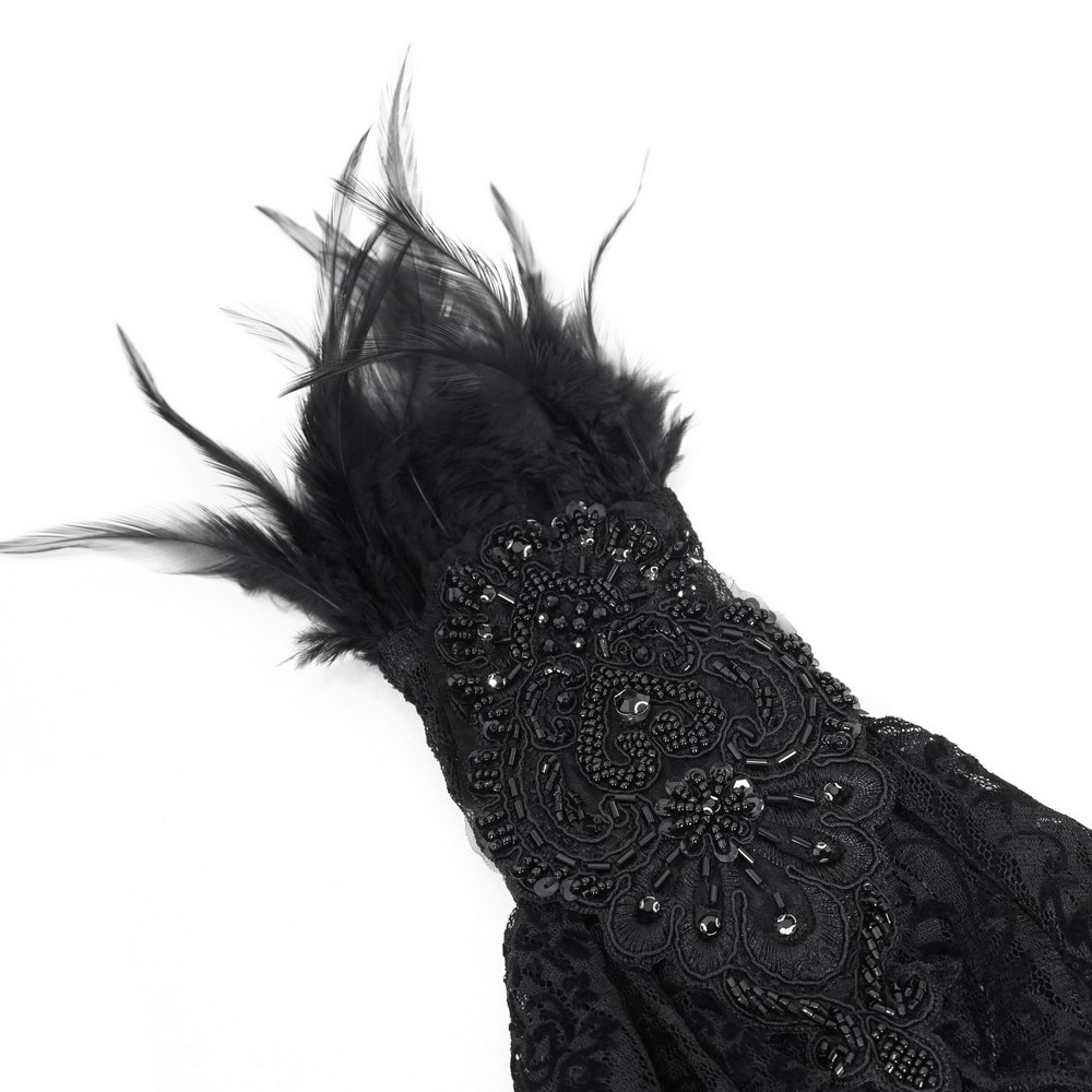 Elegant black lace fingerless gloves adorned with dramatic feathers and detailed embellishments.