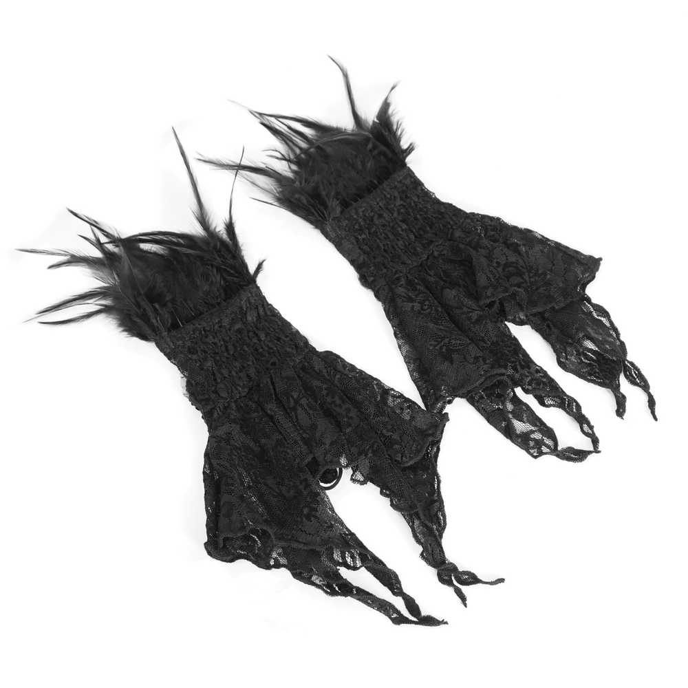 Gothic black lace fingerless gloves with dramatic feathers for a stylish edge.