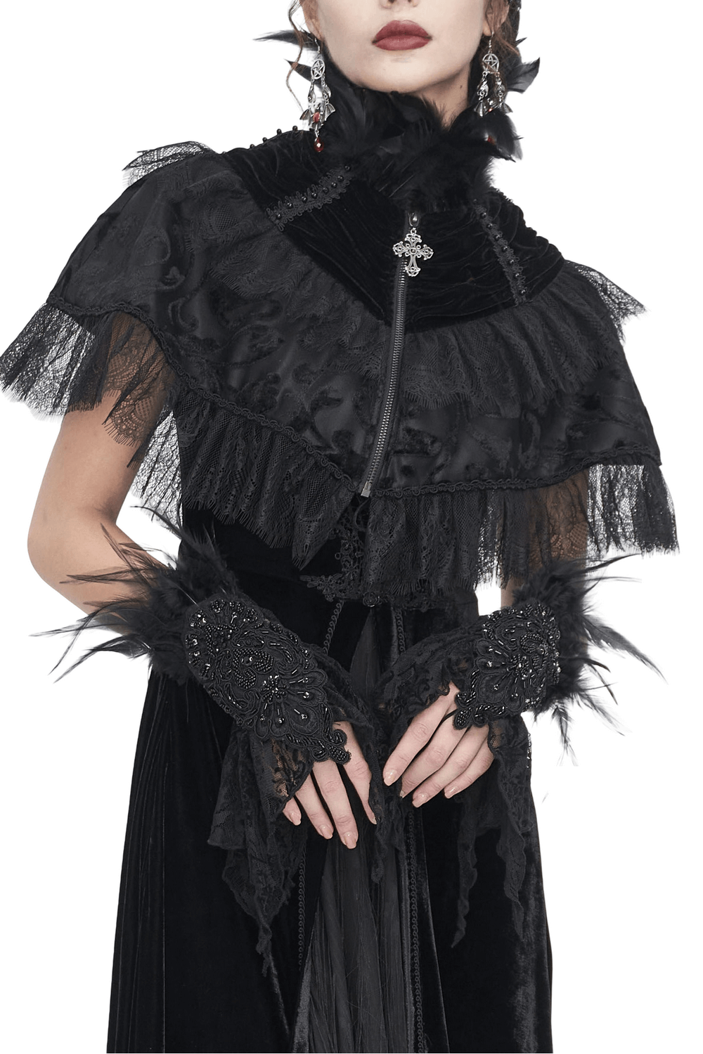 Gothic women's black lace fingerless gloves with feathers and elegant cape, perfect for a dramatic outfit.