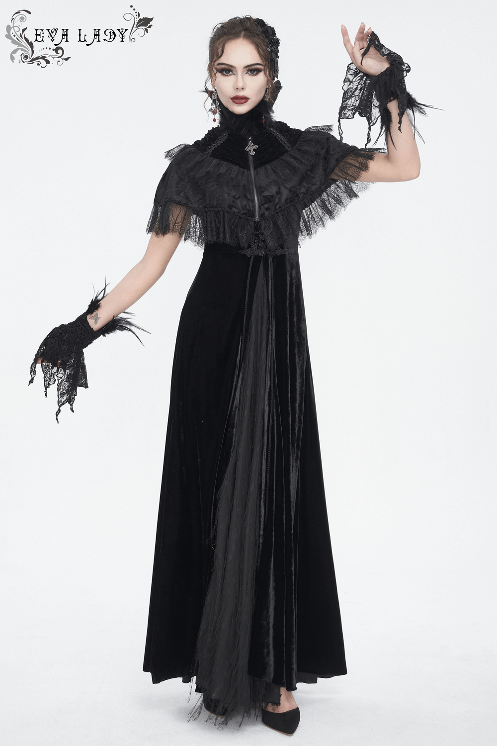Gothic women's black lace dress with feather accents, perfect for Halloween or cosplay outfits.