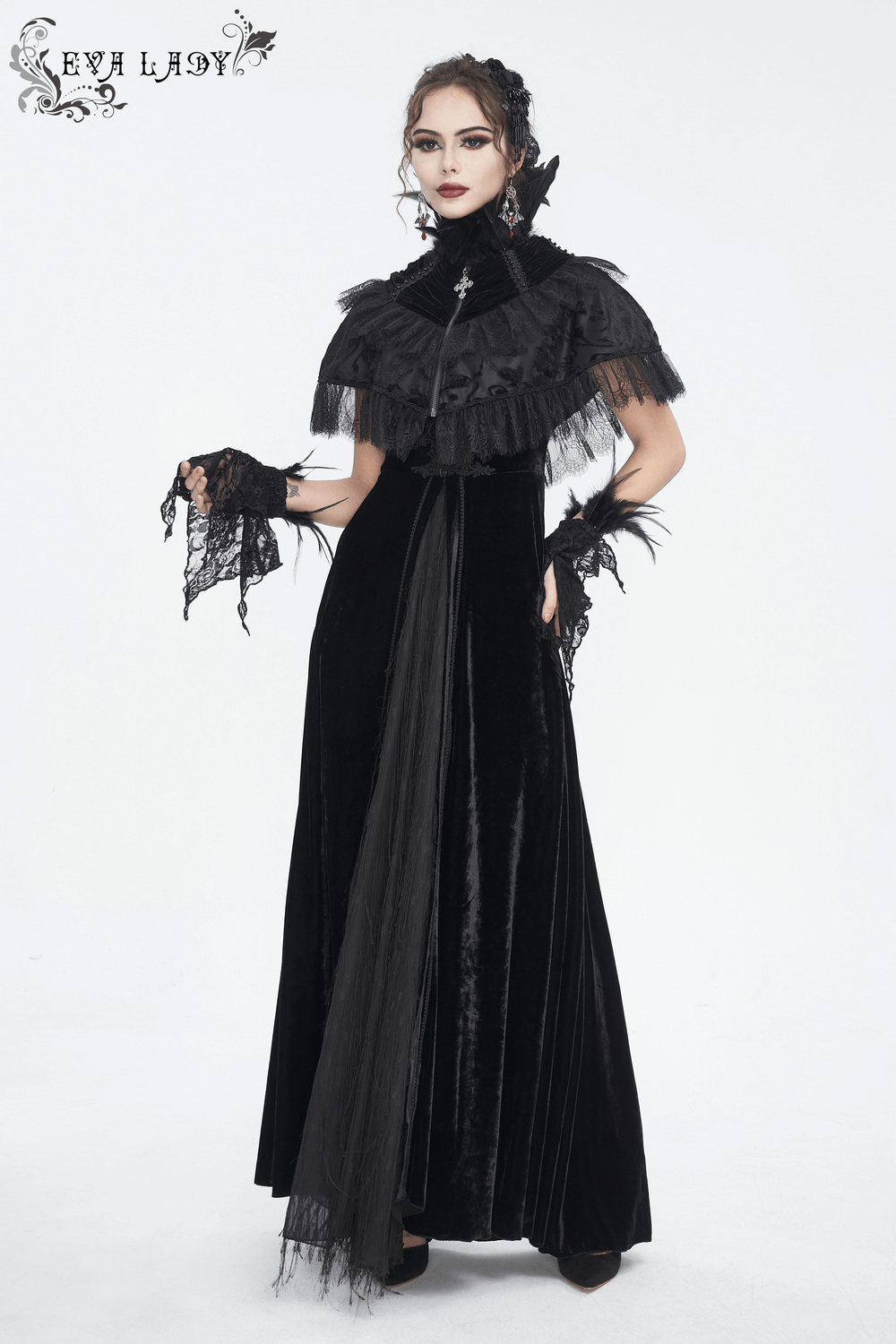Gothic Women's Lace Fingerless Gloves with Feathers