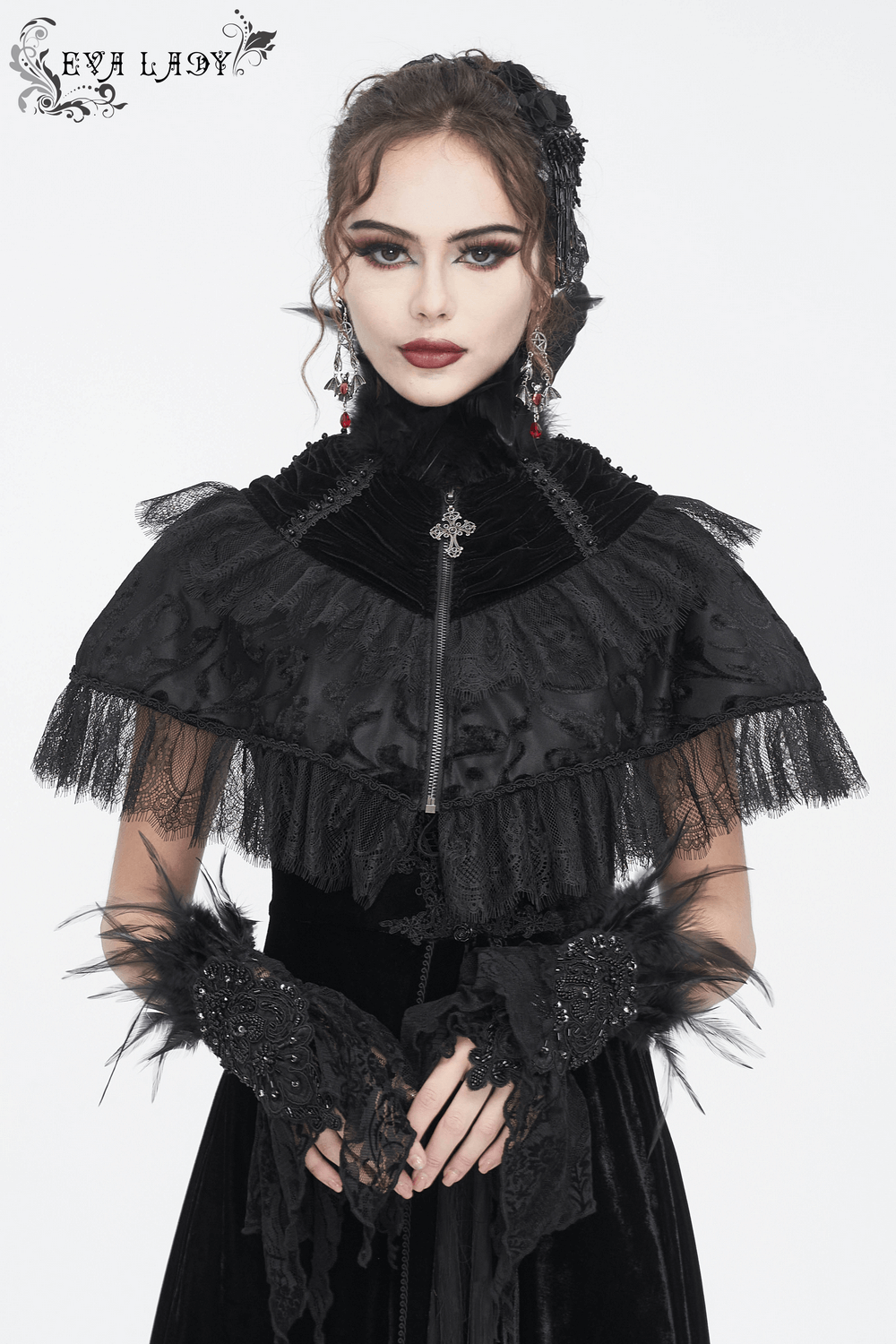 Gothic women's black lace fingerless gloves with feathers, paired with a dramatic black lace collar.