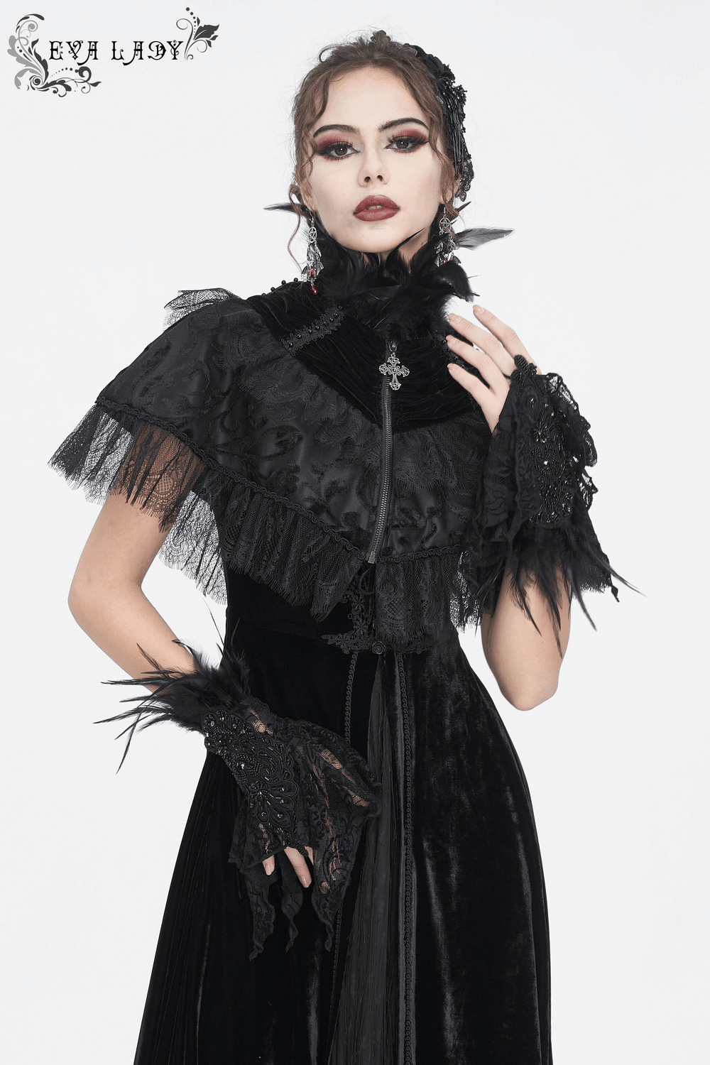 Gothic women's black lace fingerless gloves with feathers, perfect for elegance and dramatic flair.
