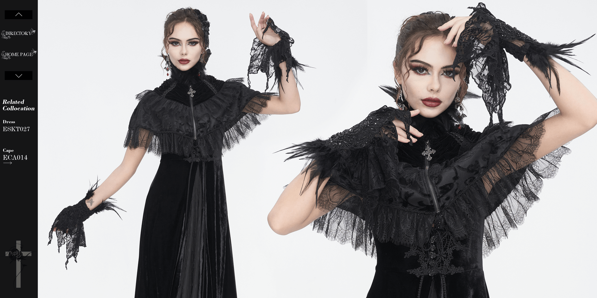 Gothic women's black lace fingerless gloves with feathers, perfect for Halloween or cosplay outfits.