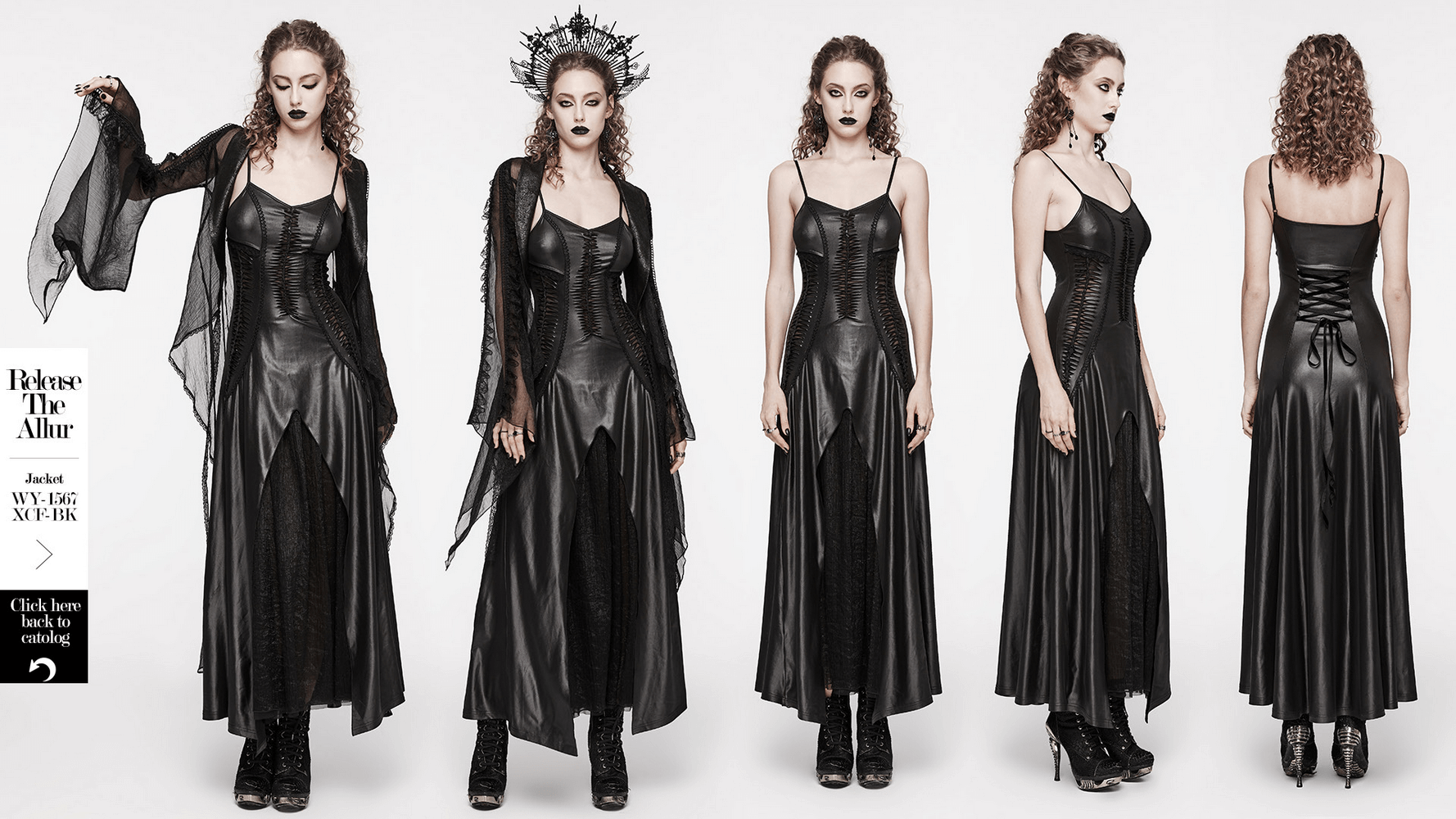 Gothic women's black lace-up back long dress showcasing a bodycon silhouette and dramatic style.