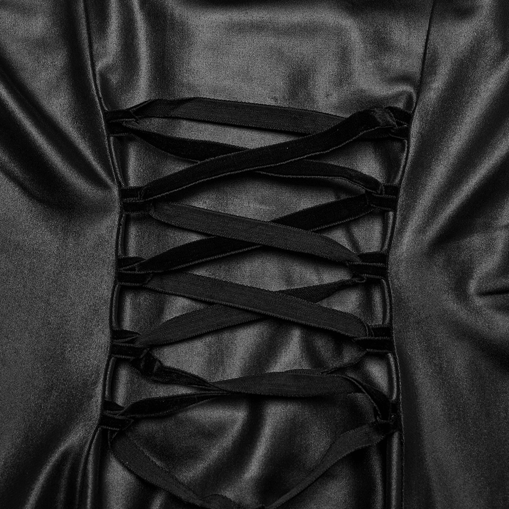 Close-up of the dramatic lace-up back detail on a black Gothic women's dress, showcasing adjustable straps.
