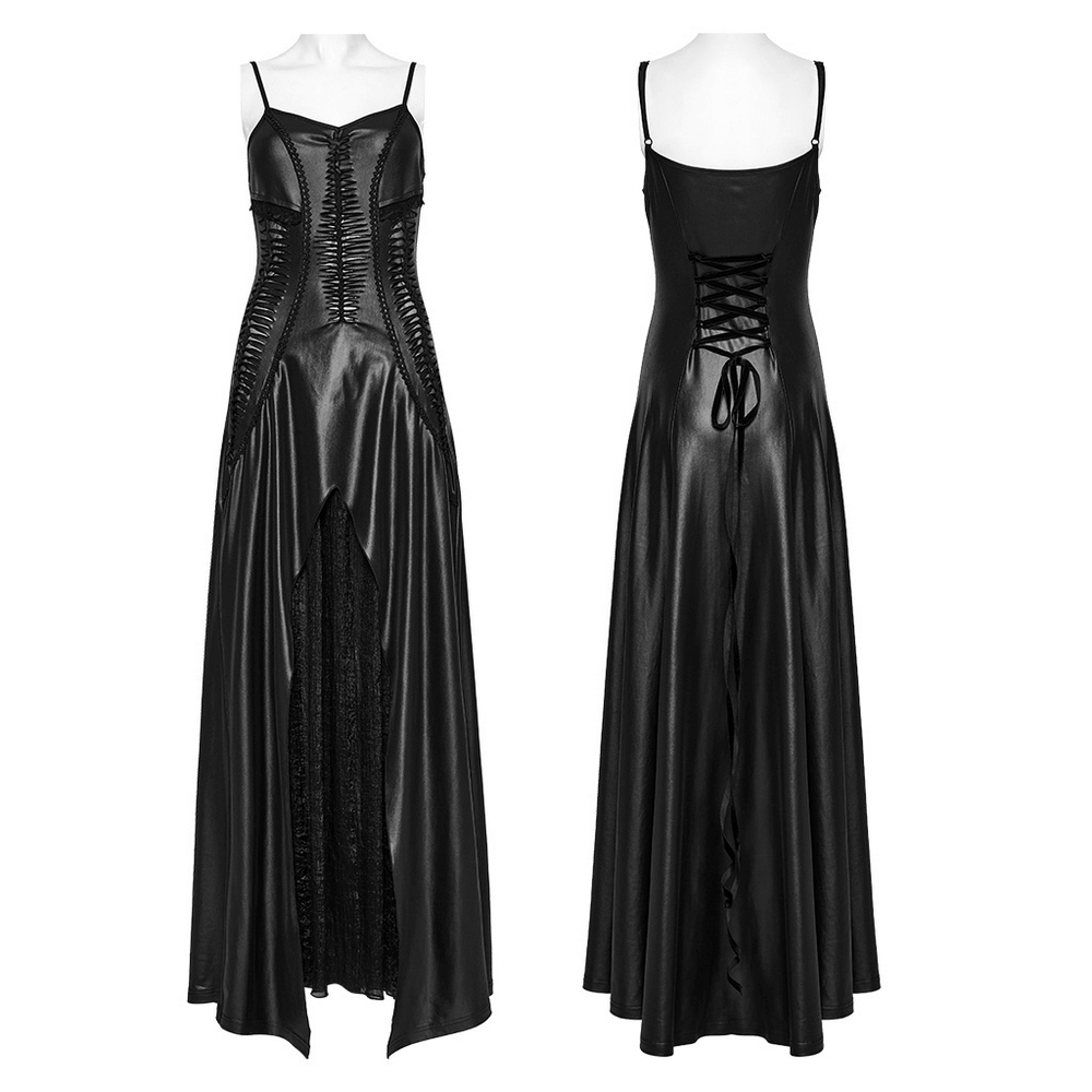 Gothic women's black dress with lace-up back and stylish straps, perfect for dark elegance and dramatic flair.