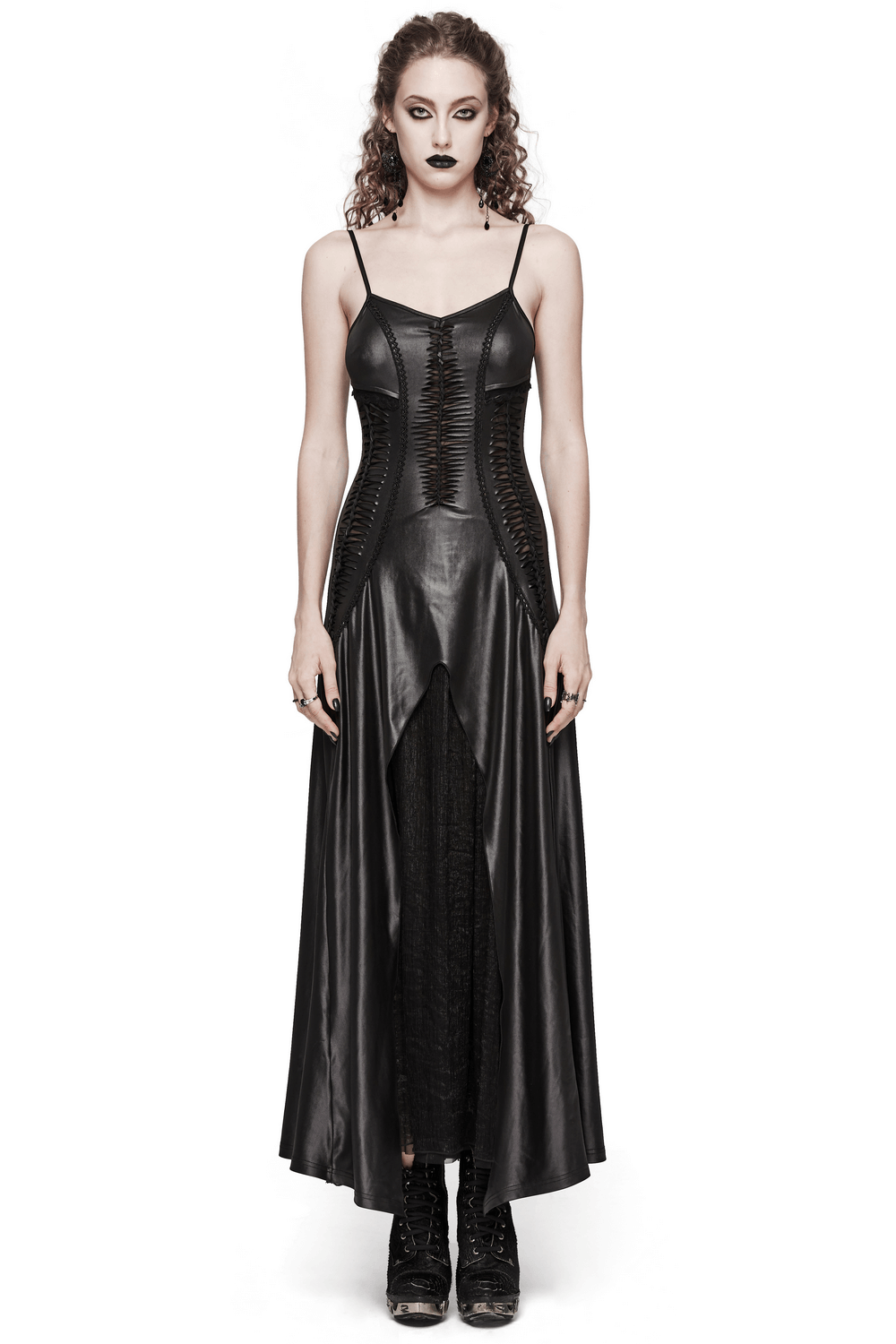 Black gothic dress with lace-up back and straps, perfect for showcasing dark elegance and a captivating silhouette.