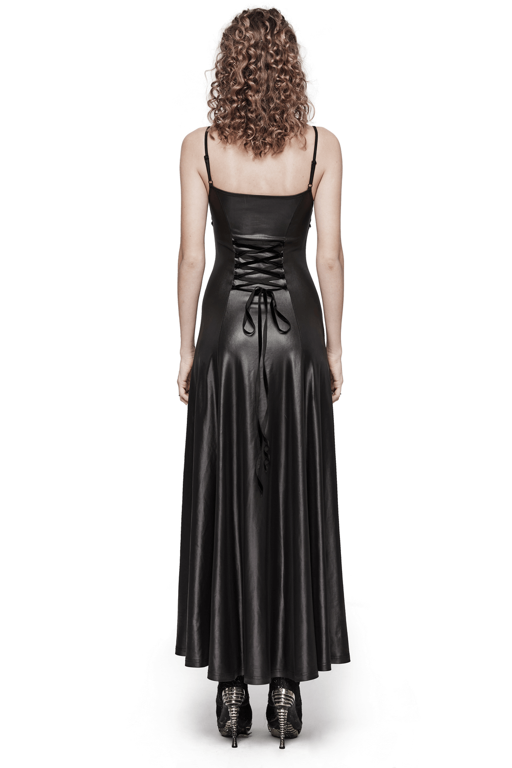 Elegant back view of Gothic women's lace-up long dress showcasing dramatic detailing and flowy silhouette.