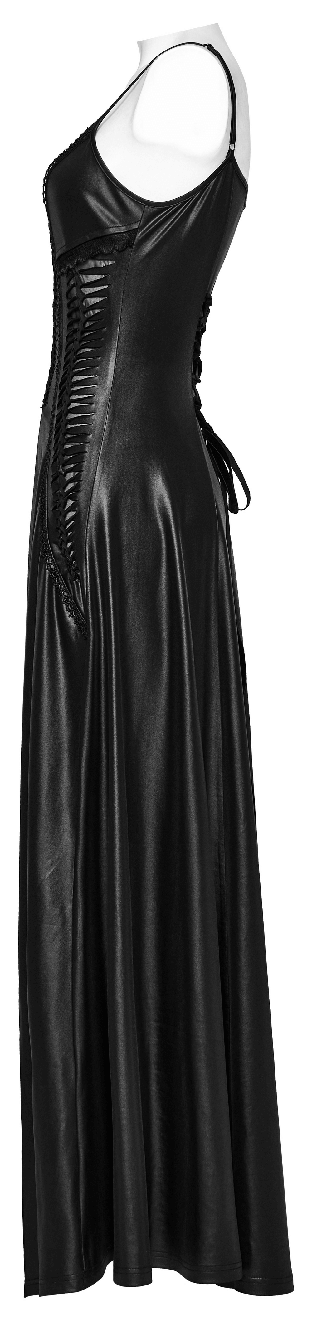 Gothic women's black lace-up back long dress with straps, featuring a bodycon silhouette and flowing design.