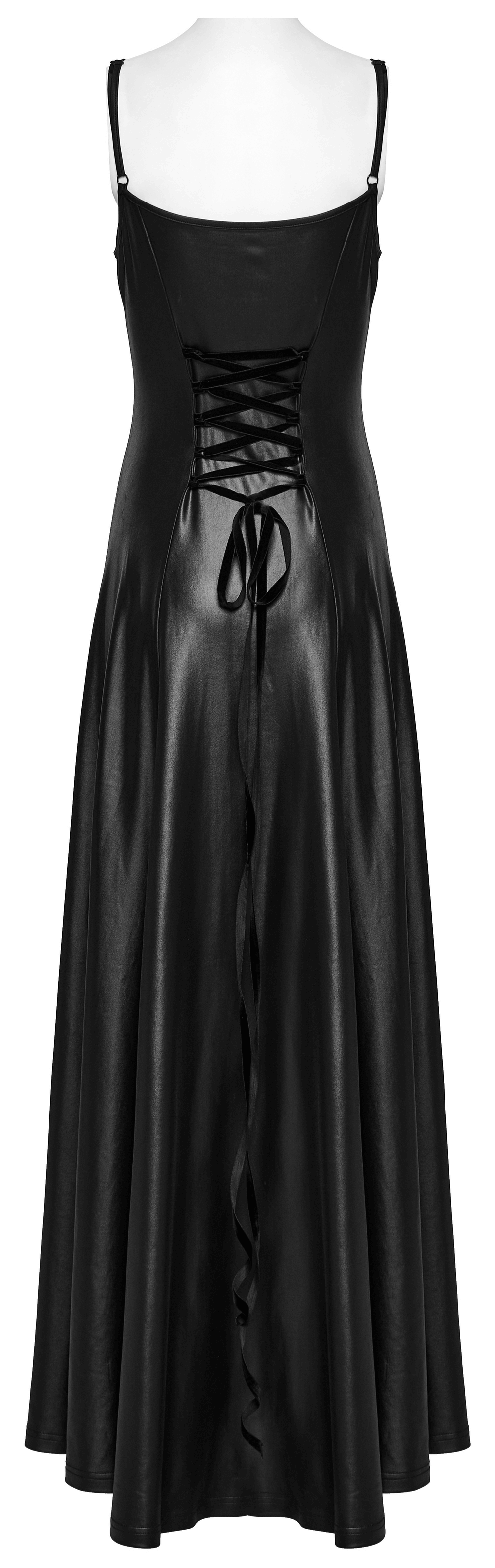 Gothic women's black long dress with lace-up back and straps, showcasing elegant bodycon silhouette.