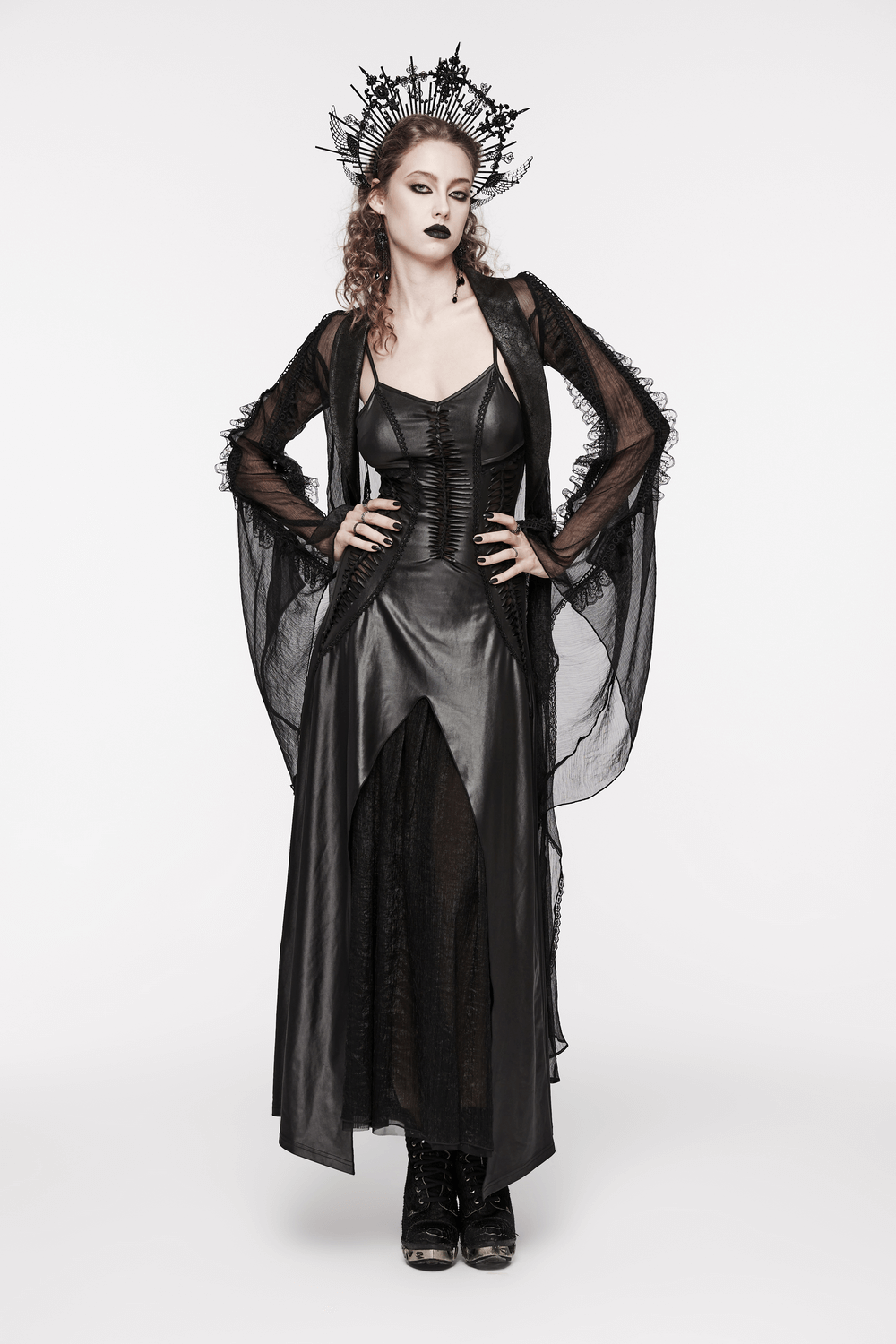 Gothic women's black lace-up long dress with dramatic styling and a captivating silhouette.
