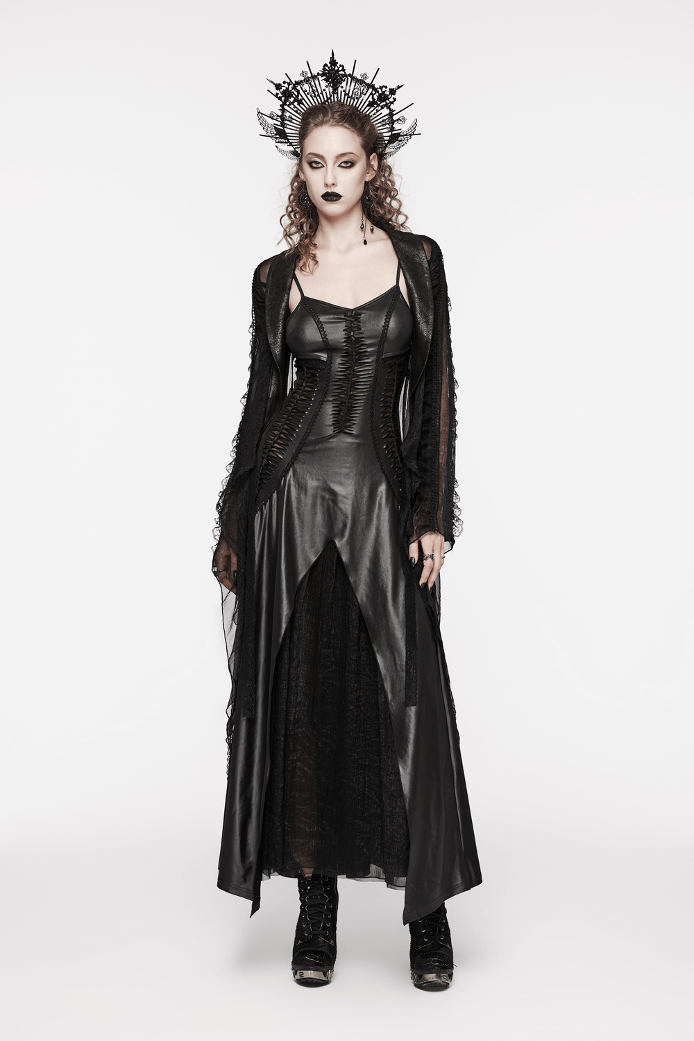 Gothic women's black lace-up back long dress showcasing dark elegance and unique styling.
