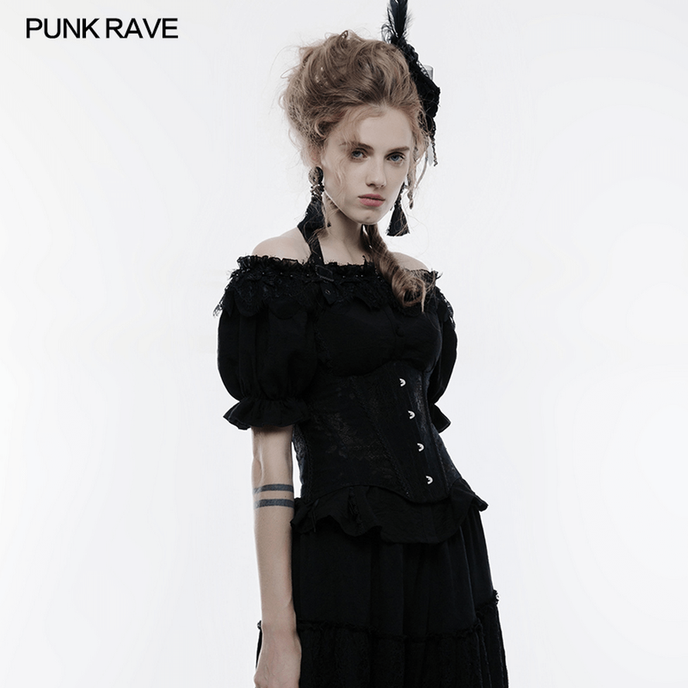 Gothic women's lace-up black corset top with feather accents, exuding Victorian elegance and allure.