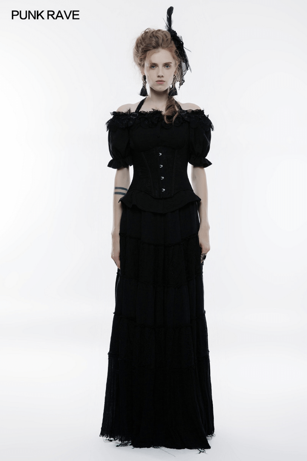 Gothic women's lace-up corset dress with feather accents and layered black skirt, perfect for Victorian-inspired style.