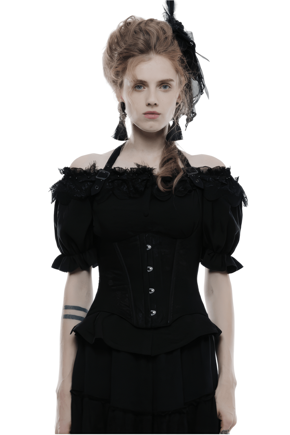 Gothic women's black lace-up corset top with feathers, Victorian style, showcasing a dramatic allure.