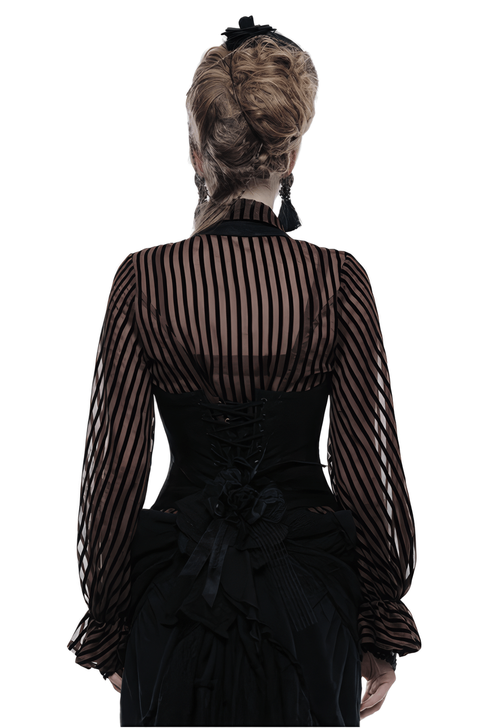 Back view of a Gothic women's lace-up black corset with feather accents, featuring textured lace and elegant long sleeves.