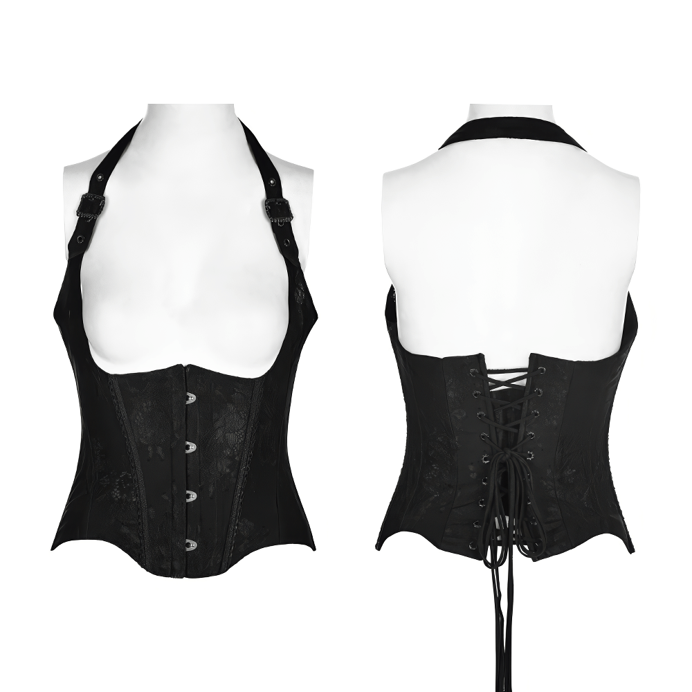 Gothic women's black lace-up corset with feather accents and adjustable straps, showcasing a Victorian-inspired design.