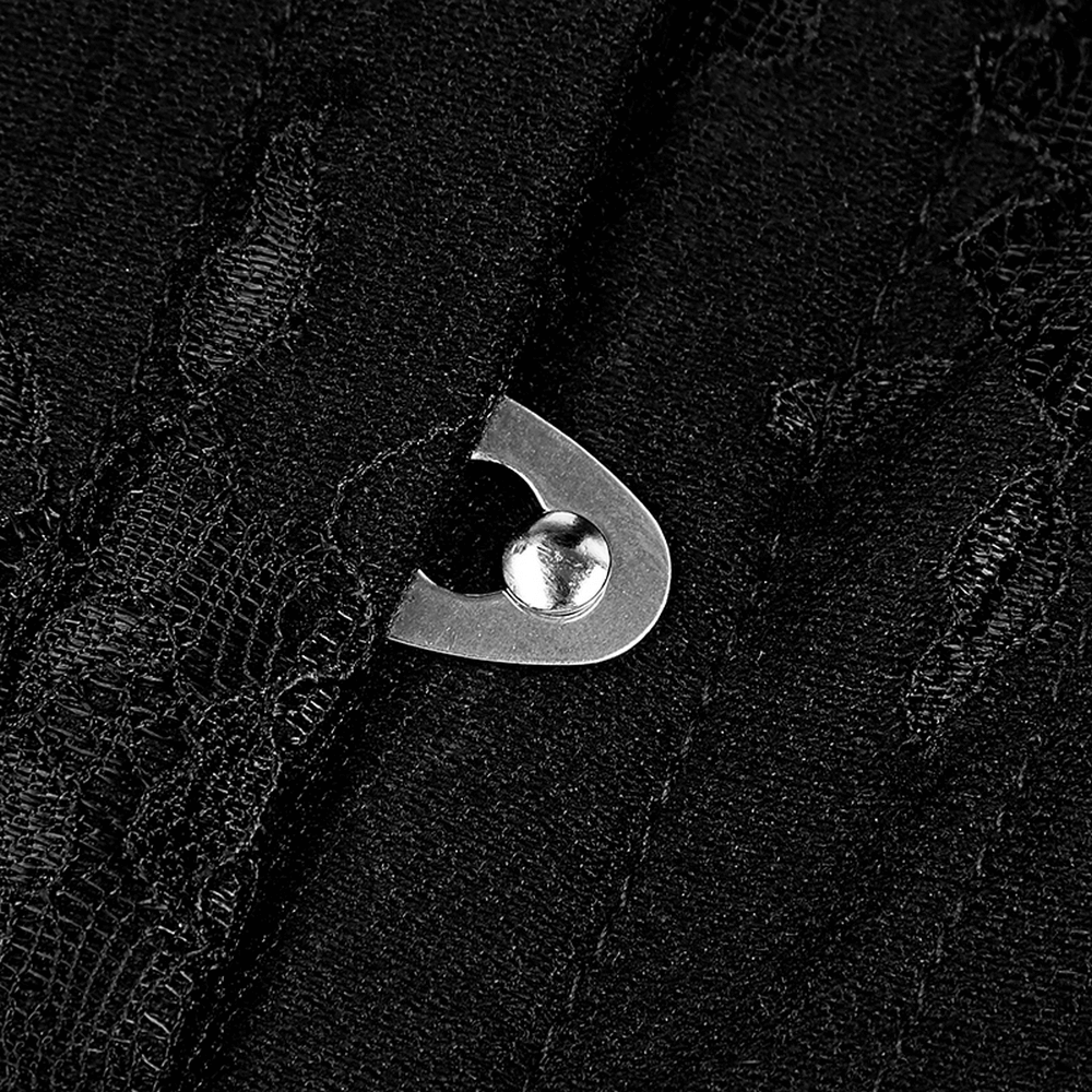 Close-up of steel front closure on Gothic lace-up black corset with intricate lace patterns.