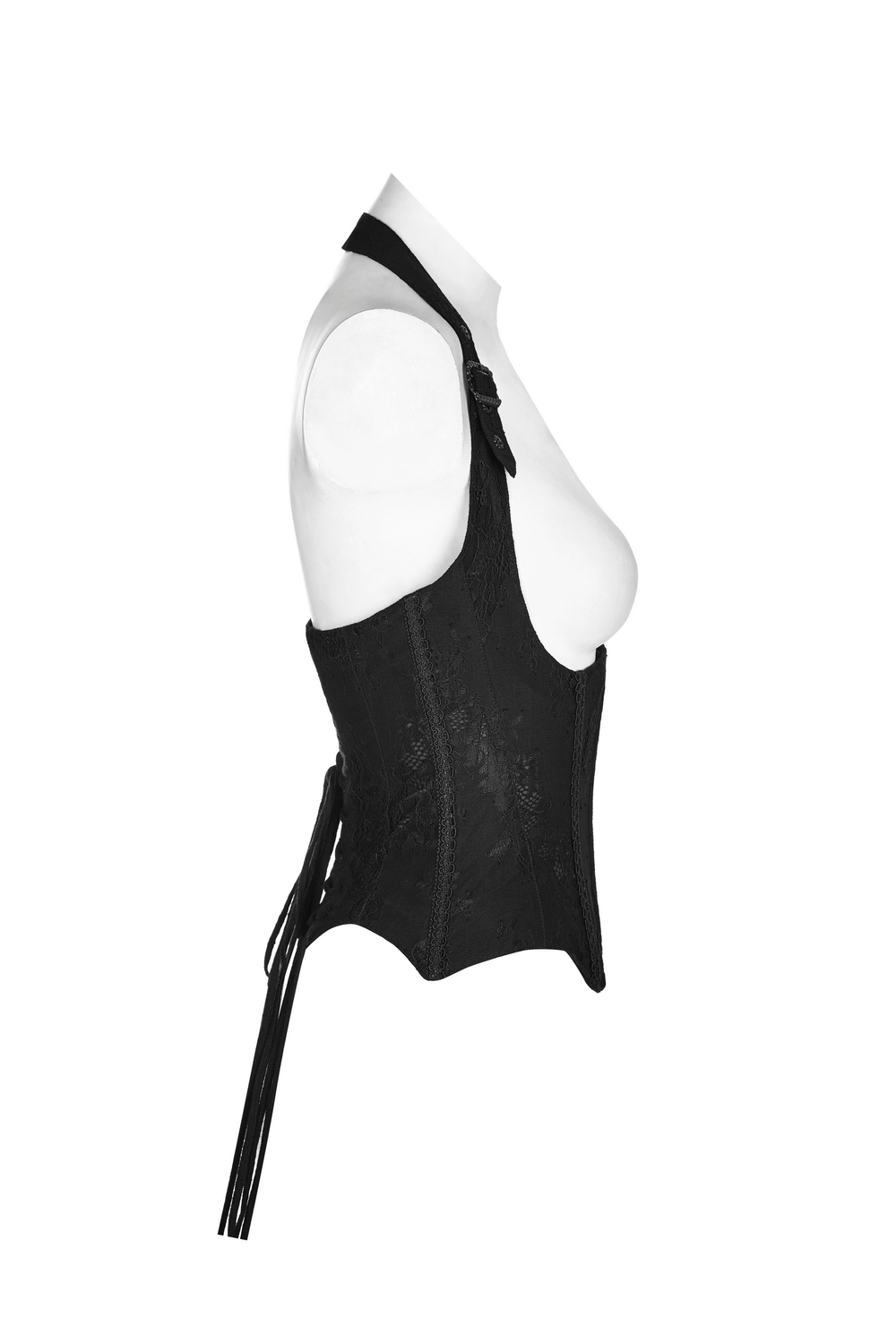Side view of Gothic women's black lace-up corset with adjustable straps and feather accents, showcasing its elegant design.