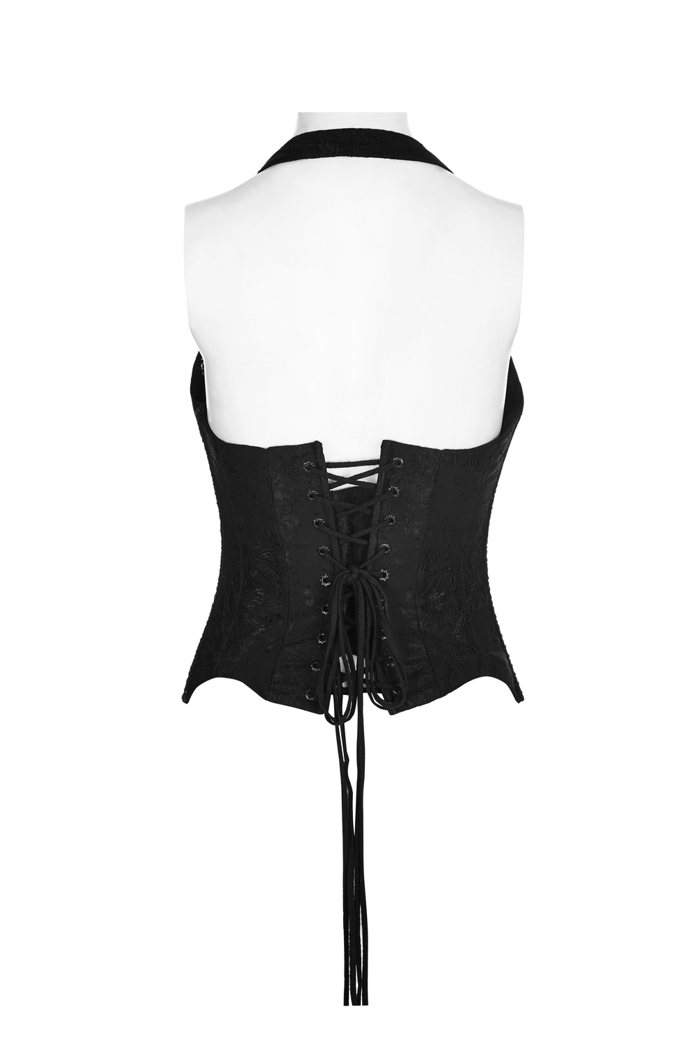Back view of Gothic black lace-up corset with feather accents for women, showcasing adjustable straps and lacing details.