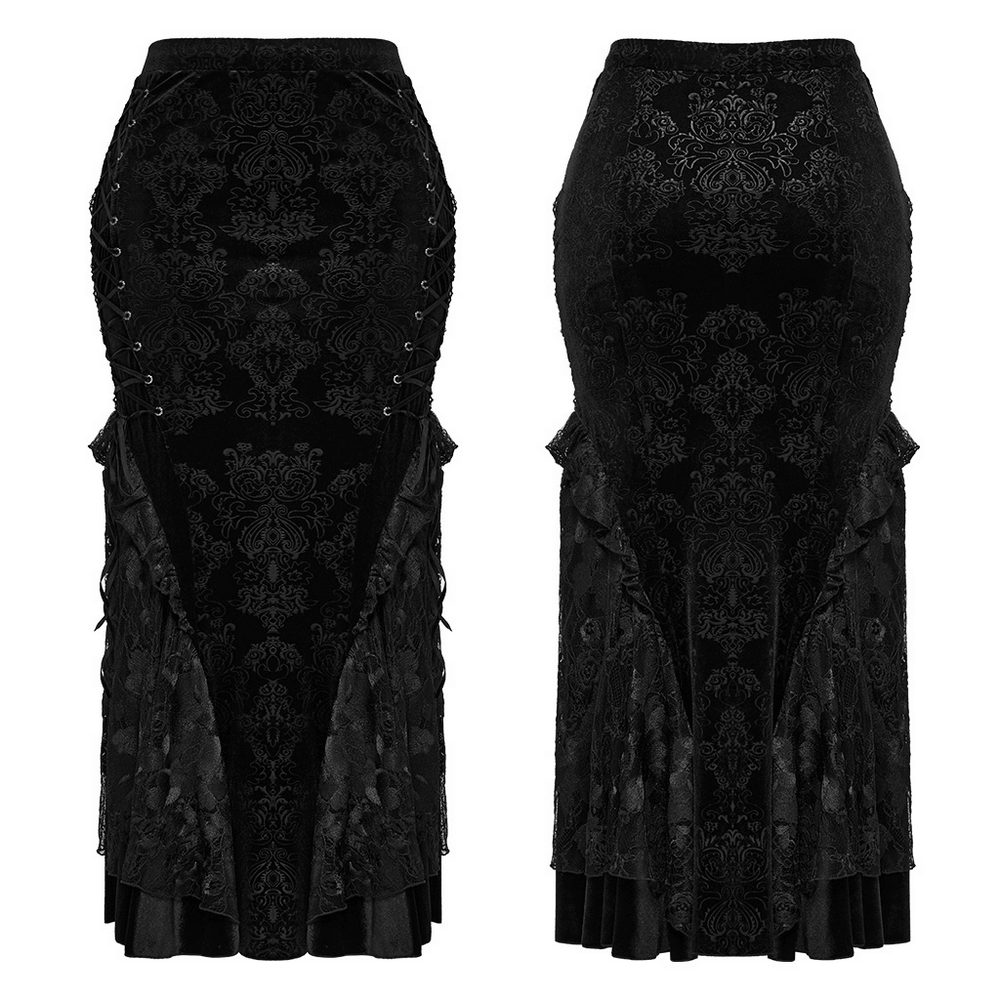 Gothic women's lace-up embossed velvet fishtail skirt with layered lace hem and plum blossom eyelets.