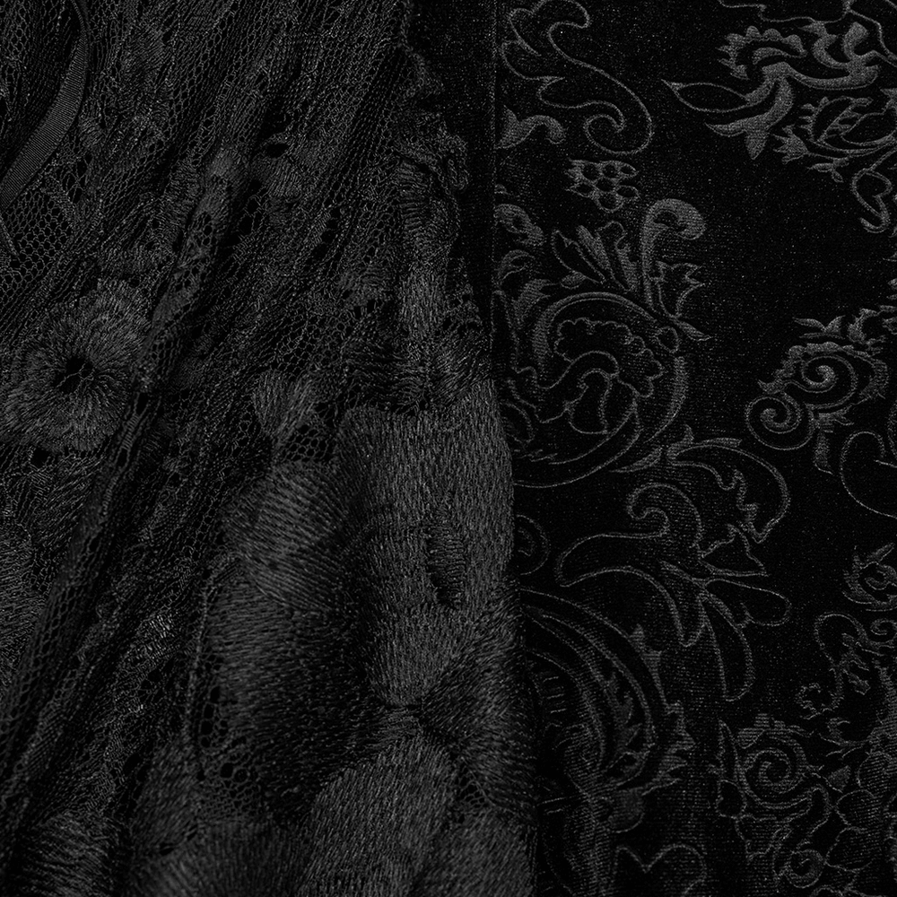 Close-up of black embossed velvet and lace textures, showcasing Gothic elegance for women's fashion.