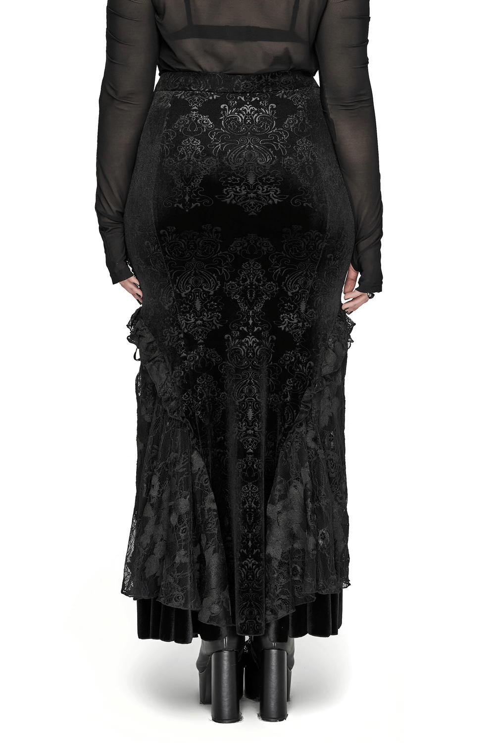 Back view of Gothic women's lace-up embossed velvet fishtail skirt with layered lace hem.