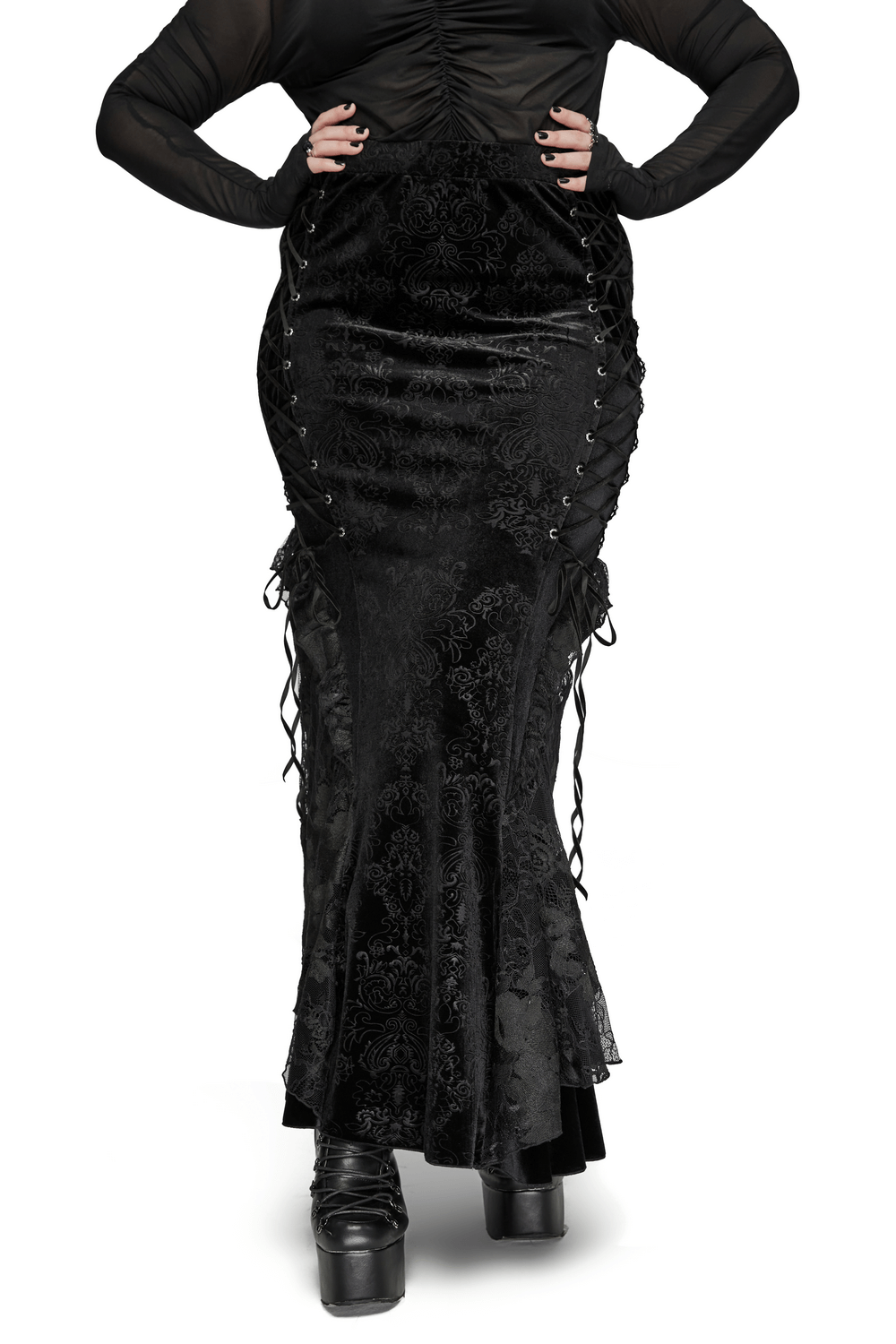Gothic women's lace-up embossed velvet fishtail skirt featuring plum blossom eyelets and layered lace hem.
