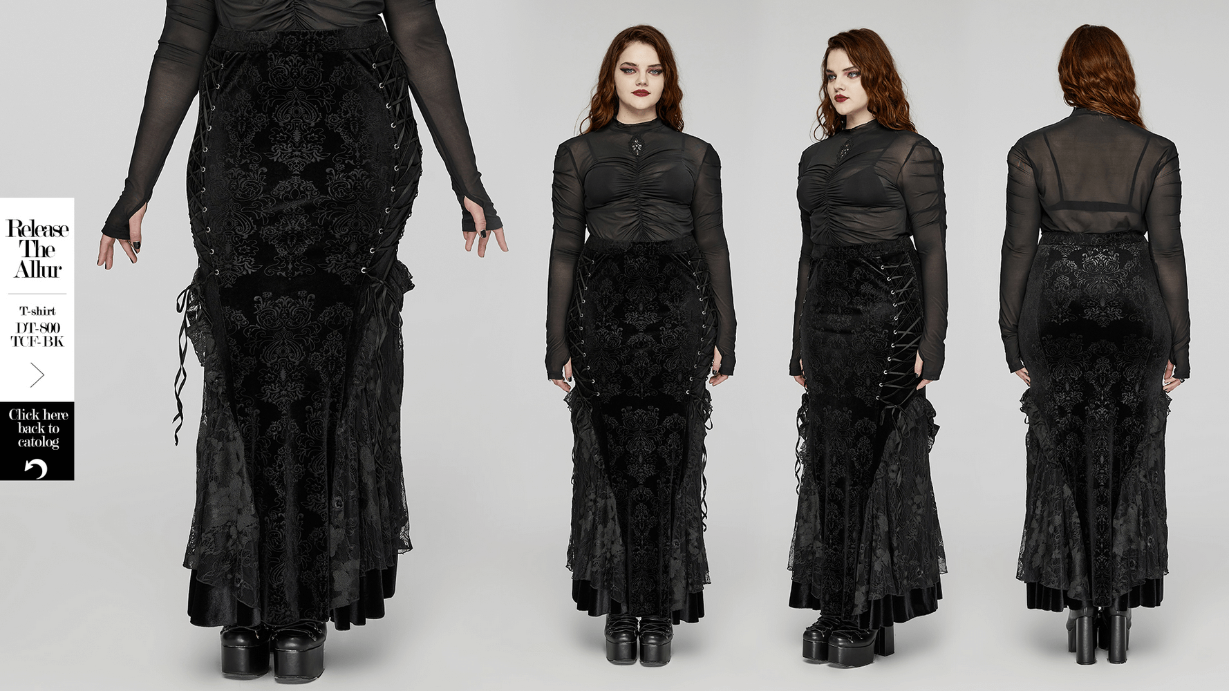 Gothic Women's Lace-Up Embossed Velvet Fishtail Skirt with layered lace hem and plum blossom eyelets.