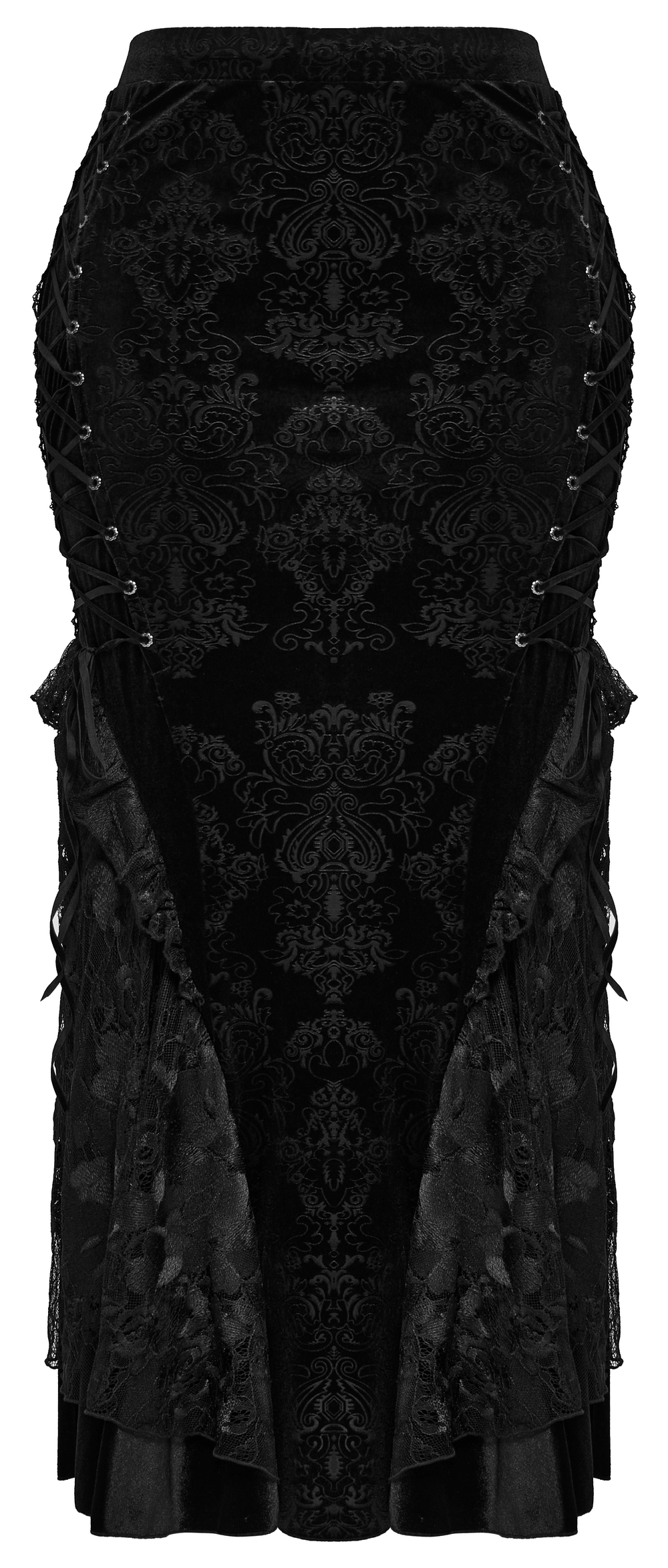 Gothic women's lace-up embossed velvet fishtail skirt with layered lace hem for a mysterious charm.