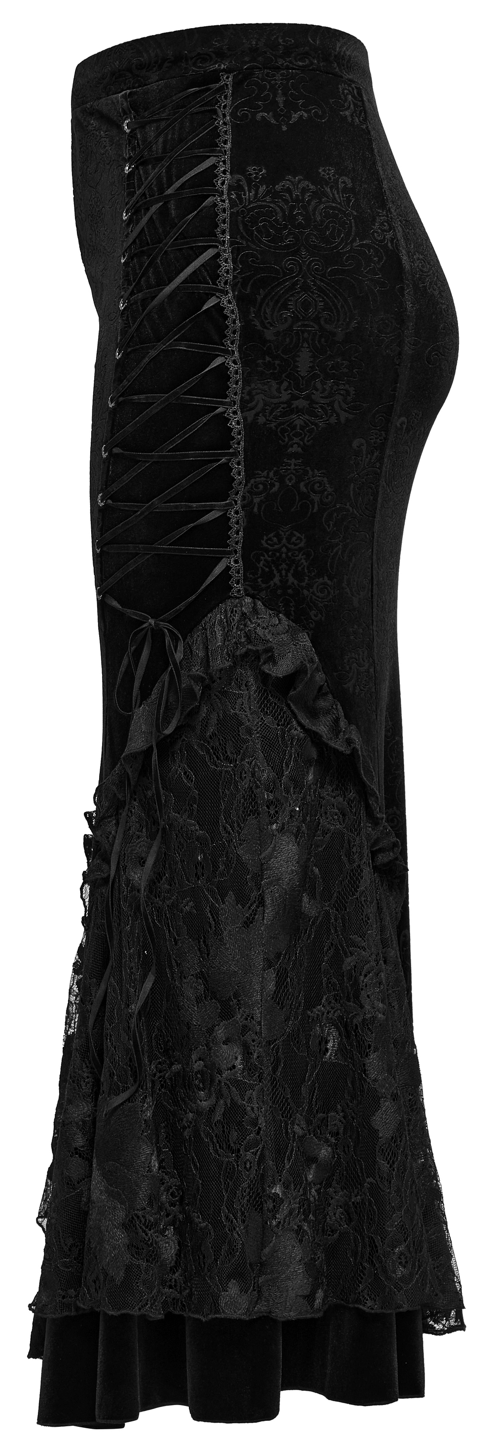 Gothic women's lace-up embossed velvet fishtail skirt with layered lace hem and plum blossom eyelets.