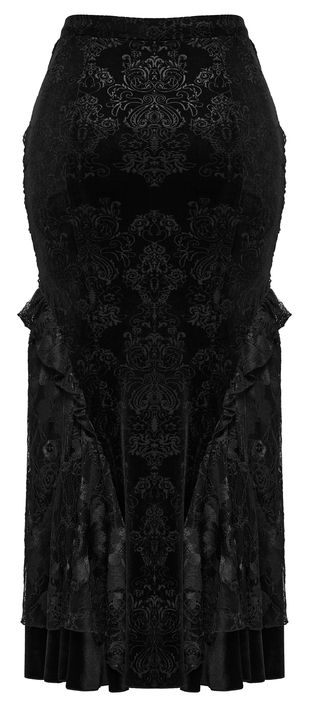 Gothic Women's Lace-Up Embossed Velvet Fishtail Skirt with layered lace hem and plum blossom eyelets.
