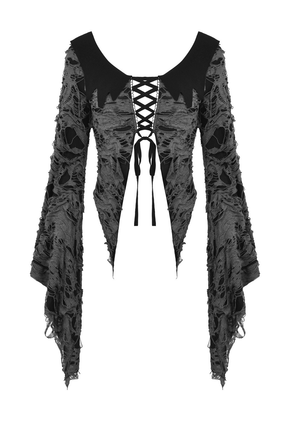 Gothic women's lace-up shredded top with dramatic bell sleeves and an open back, perfect for an edgy night out.