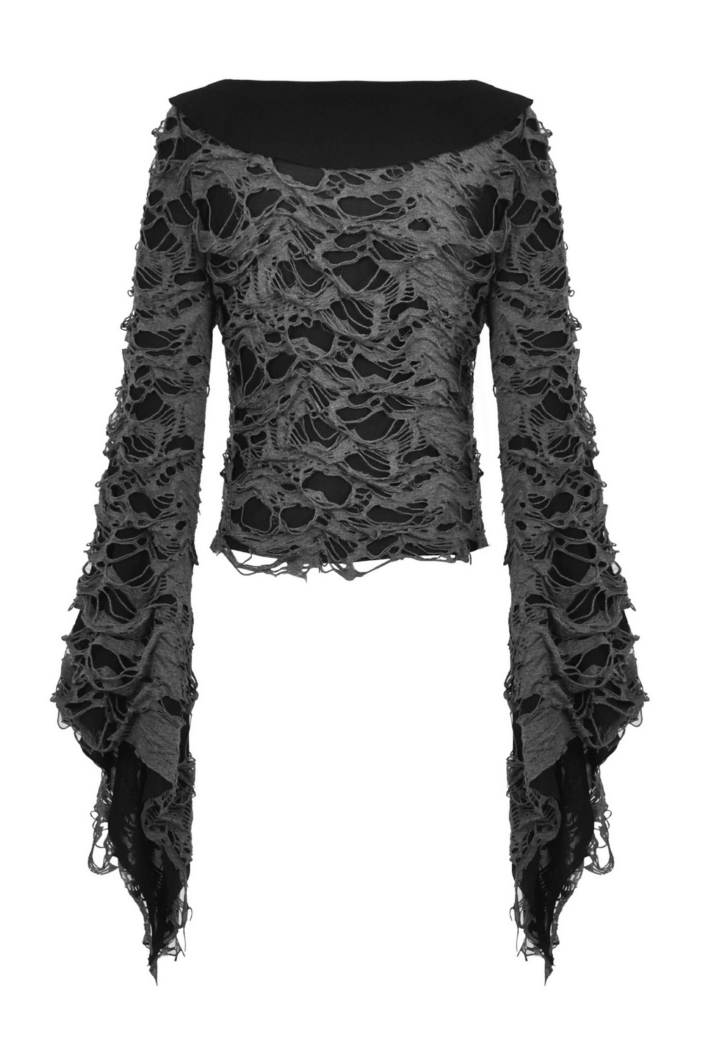 Gothic women's black lace-up shredded top with dramatic bell sleeves, perfect for edgy night out styling.