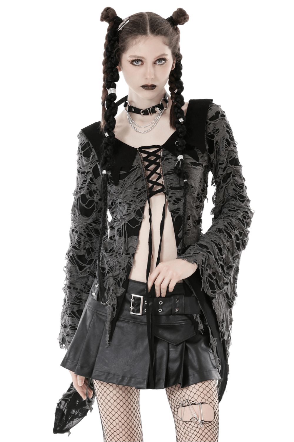 Gothic Women's Lace-Up Shredded Top with Bell Sleeves