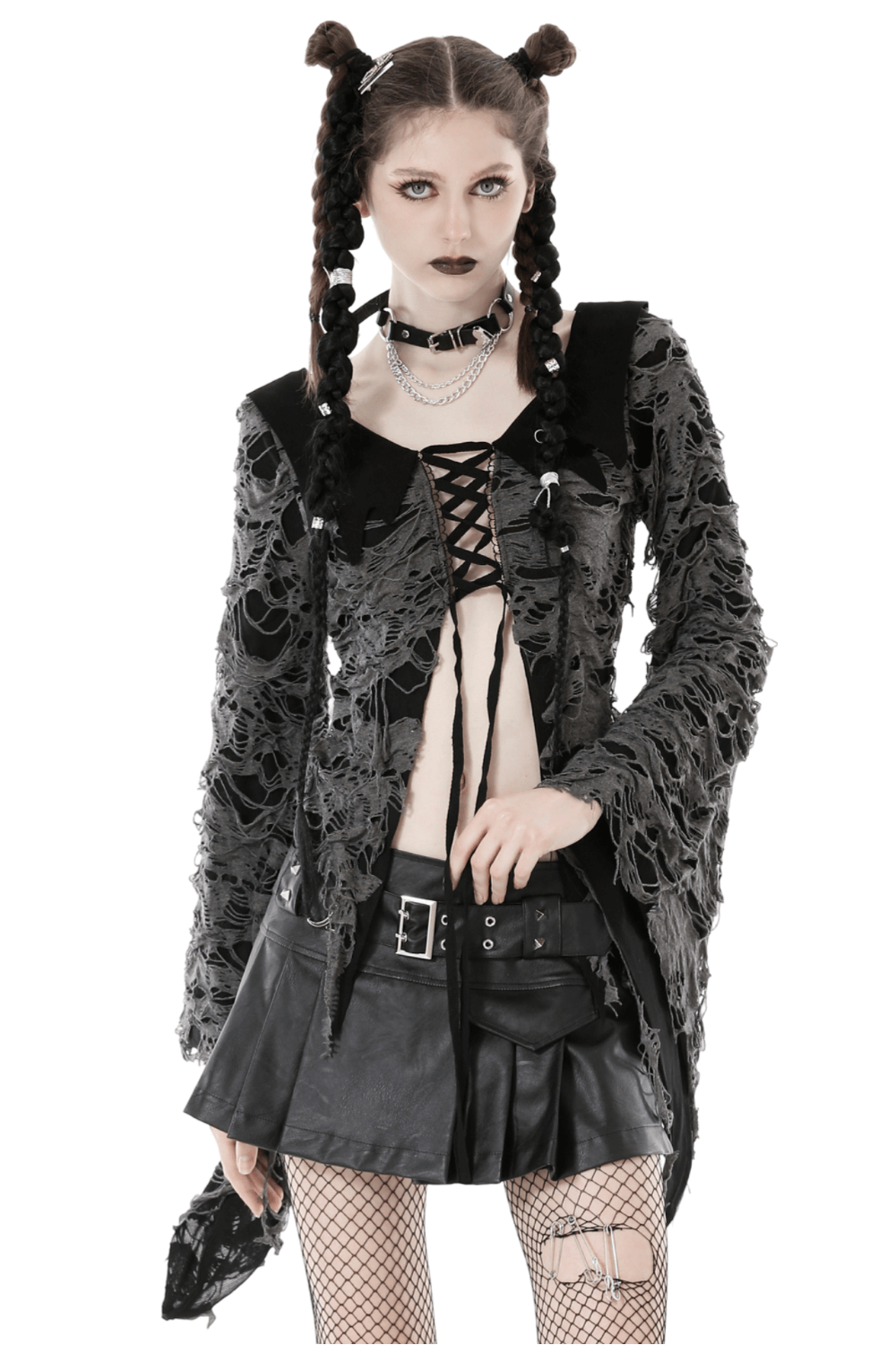 Gothic women's lace-up shredded top with dramatic bell sleeves and edgy style for a rockstar look.